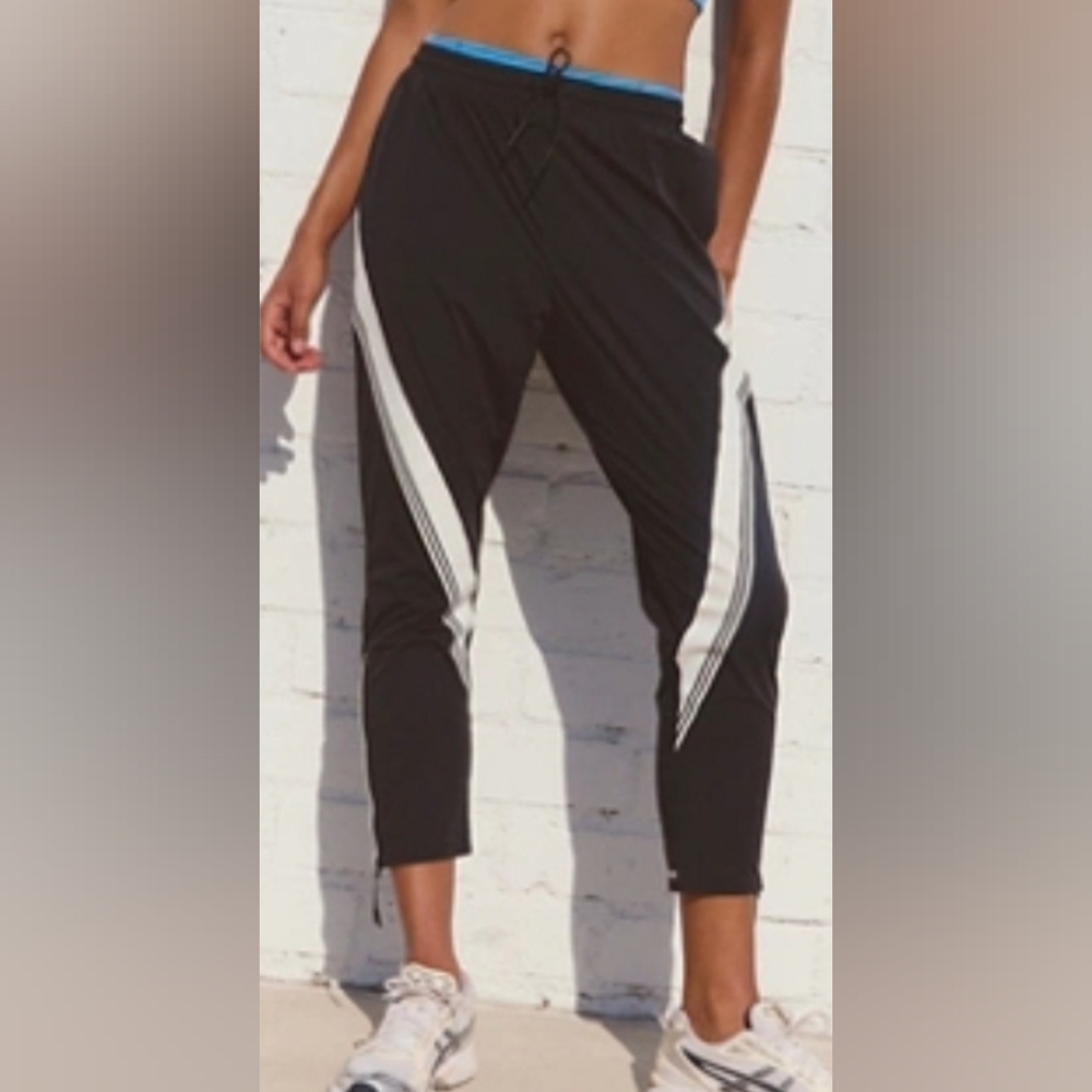 Free People Black Track Pants with White Side Stripes and Blue Waistband